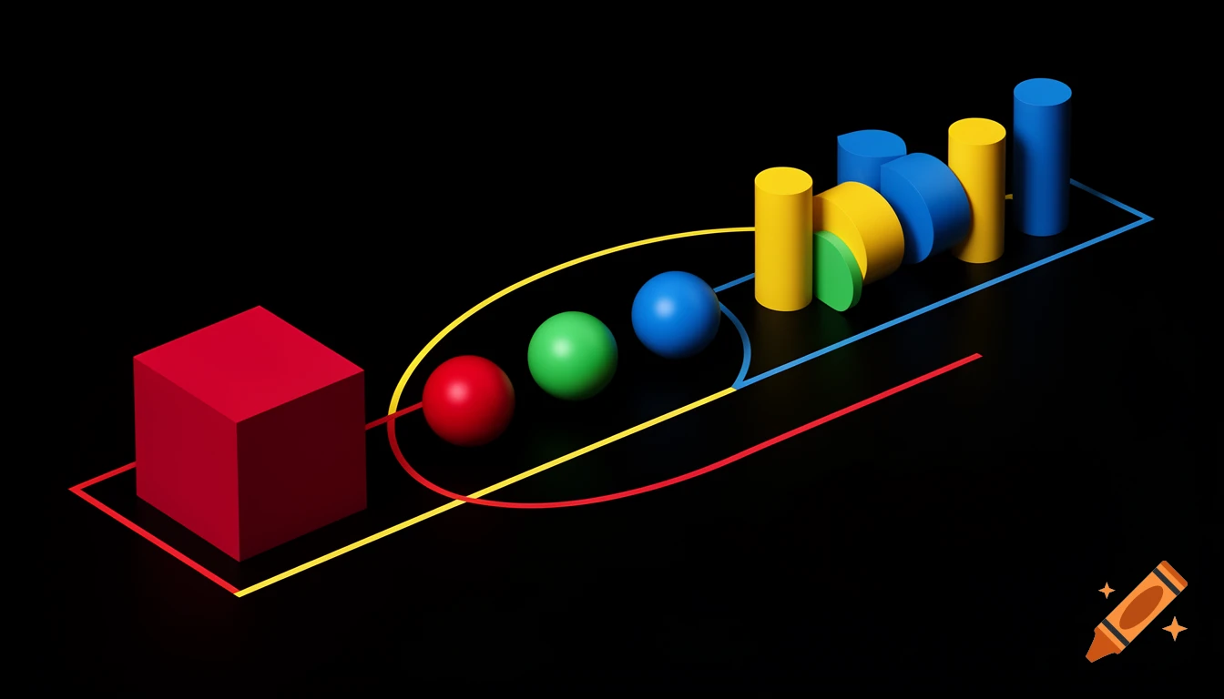 3D render of a red cube, spheres, and cylinders in primary colors connected by lines on a black background.