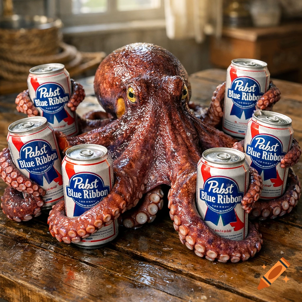 A photorealistic octopus holds eight cans of Pabst Blue Ribbon beer with its tentacles on a wet wooden table.
