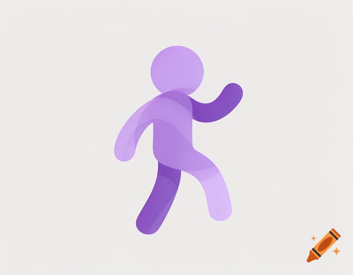 A simplistic, stylized purple figure in a walking pose against a white background.