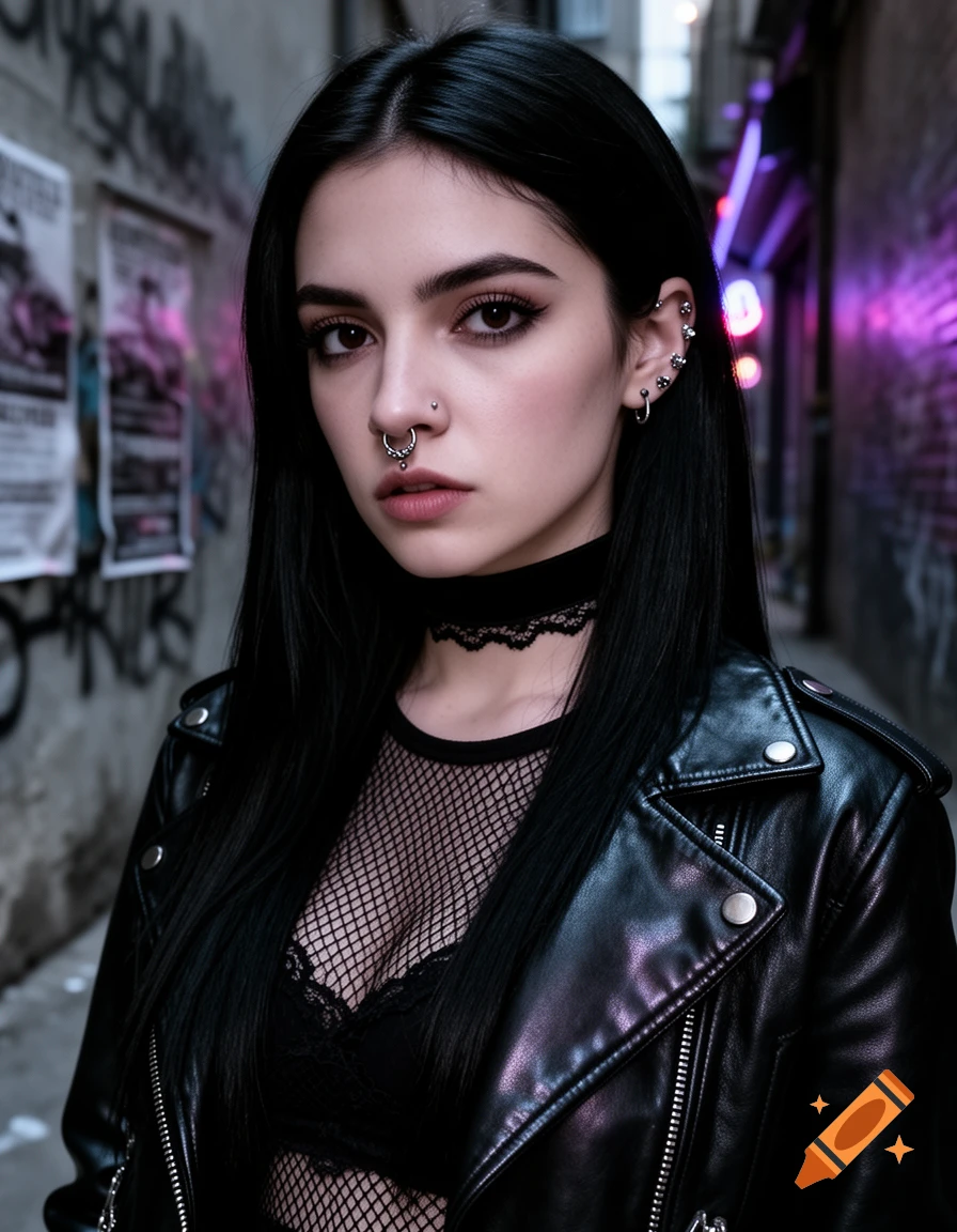 A photorealistic portrait of a goth girl with long black hair, piercings, a choker, a fishnet top, and a leather jacket, standing in a dim alley with neon lights.