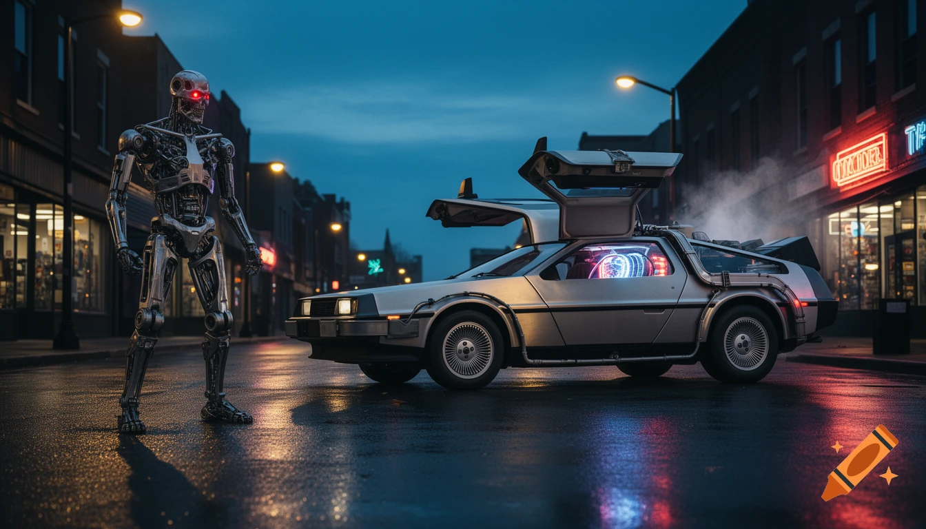 A chrome robot stands on a wet street next to a silver DeLorean car with glowing interior, under a dark blue sky at dusk, with neon signs on buildings.