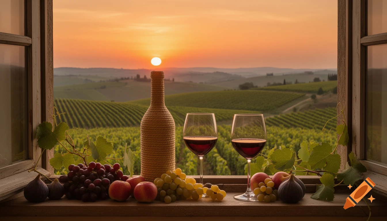 Photorealistic window view of a vineyard at sunset with a bottle of red wine, glasses, and fruits on the windowsill.