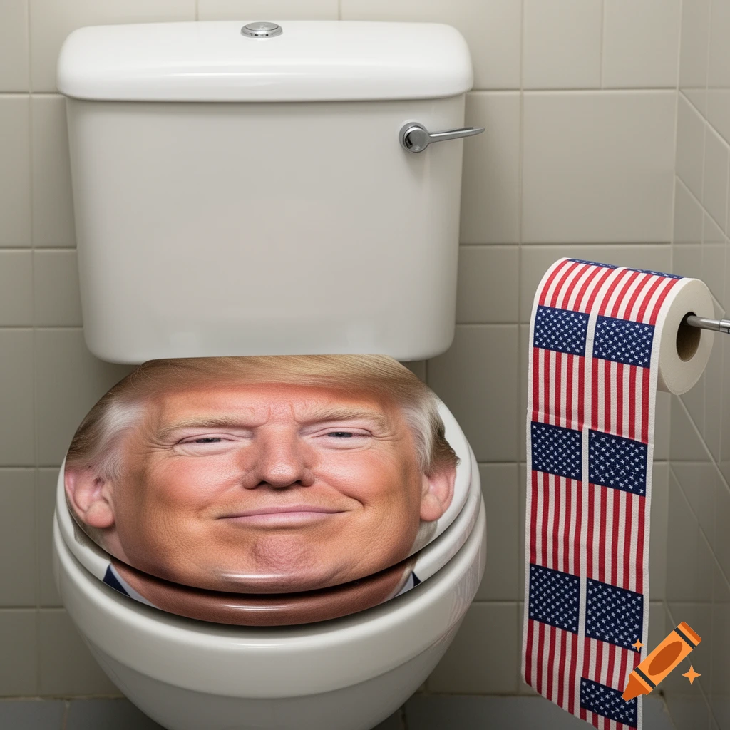 A toilet with Donald Trump's face on the lid and toilet paper patterned with the US flag.