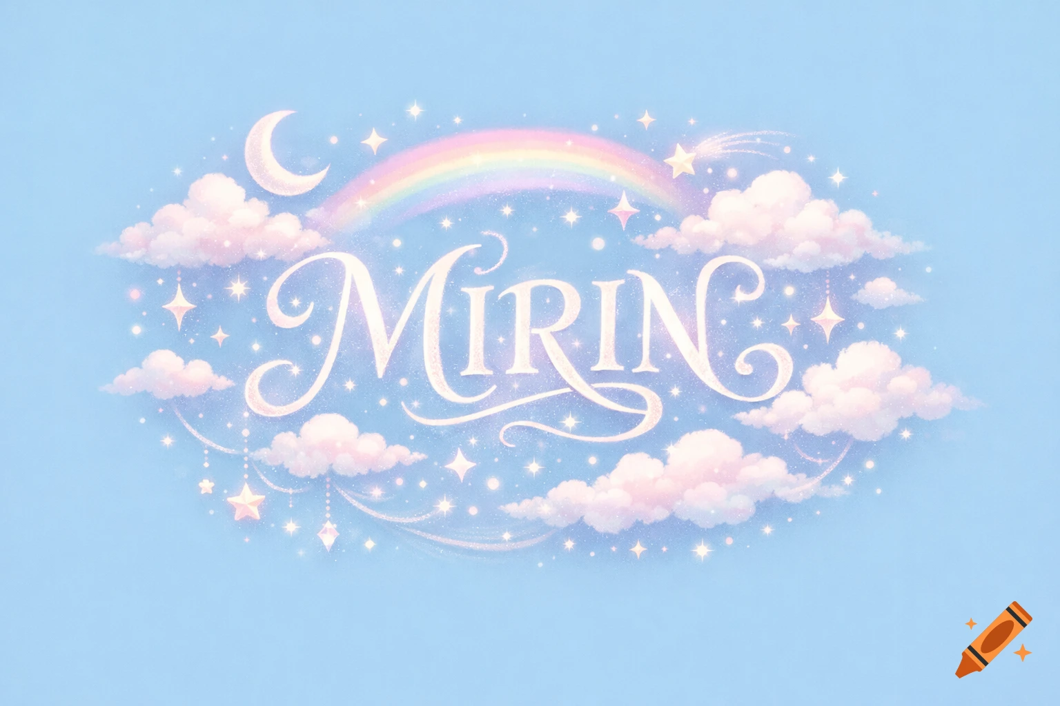 Pastel blue dreamcore logo with 'MIRIN' in script text, surrounded by clouds, a rainbow, and sparkling stars.