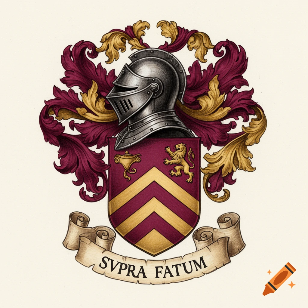 A hand-drawn coat of arms with a burnished steel closed profile helmet, a red and gold shield with chevron stripes and a lion, and a banner reading 'SVPRA FATVM'.