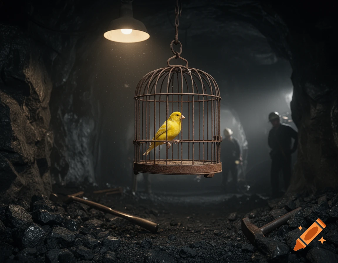 A bright yellow canary sits in a rusty cage hanging under a lamp in a dark, atmospheric coal mine, with blurred miners in the background.