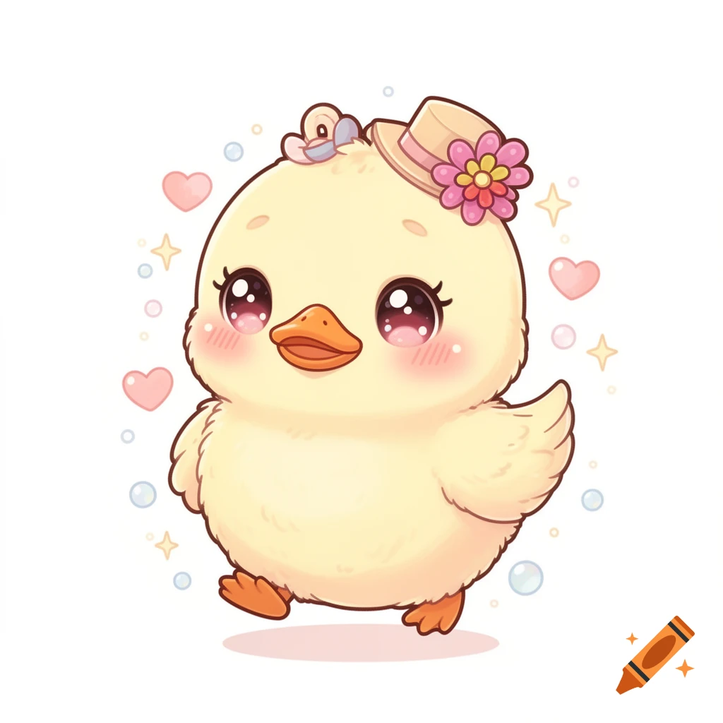 A chubby, yellow, kawaii cartoon duck with big sparkling eyes and rosy cheeks, wearing a tiny hat with a flower, waddling amidst hearts, sparkles, and bubbles.