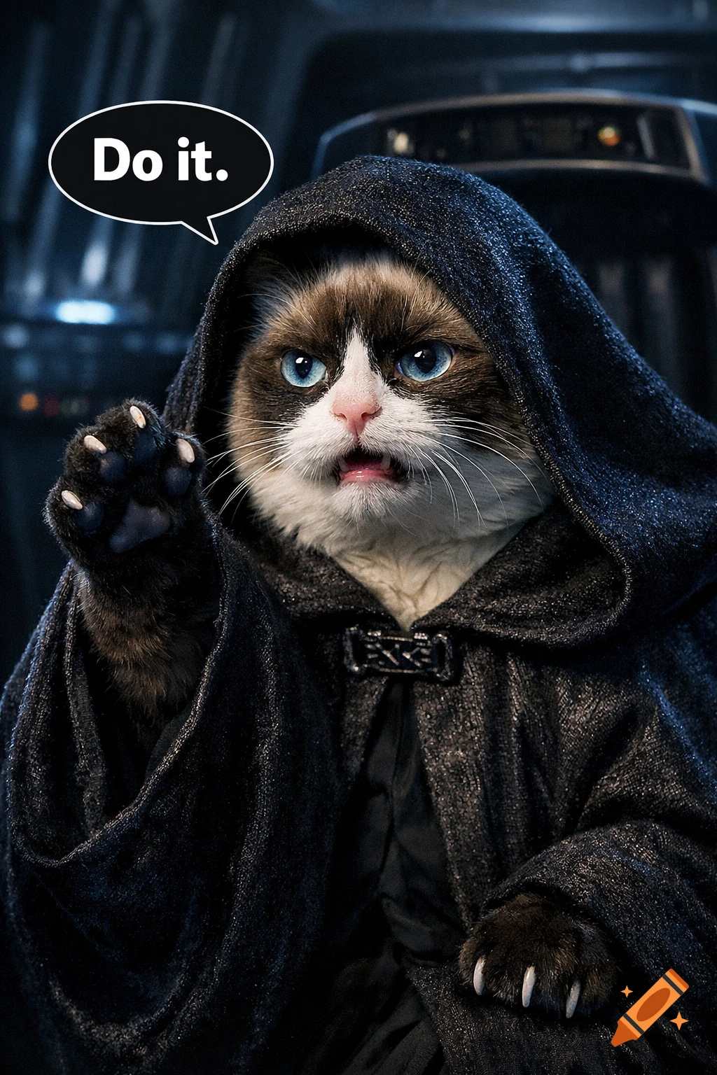 A cat dressed as Emperor Palpatine in a dark robe, with glowing blue eyes, raises a paw, and a speech bubble says 'Do it.'