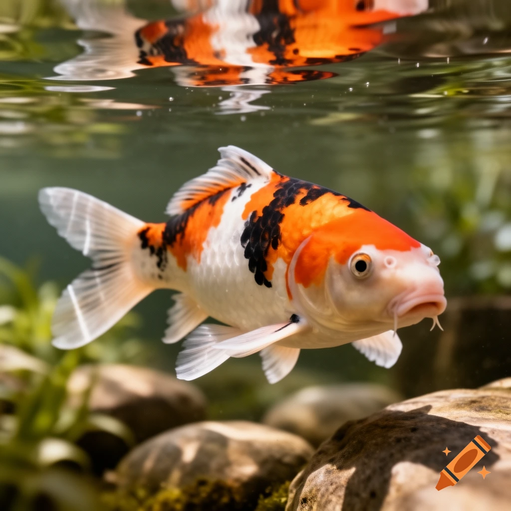 A photorealistic orange, black, and white koi fish swims gracefully underwater, with its reflection visible on the surface.