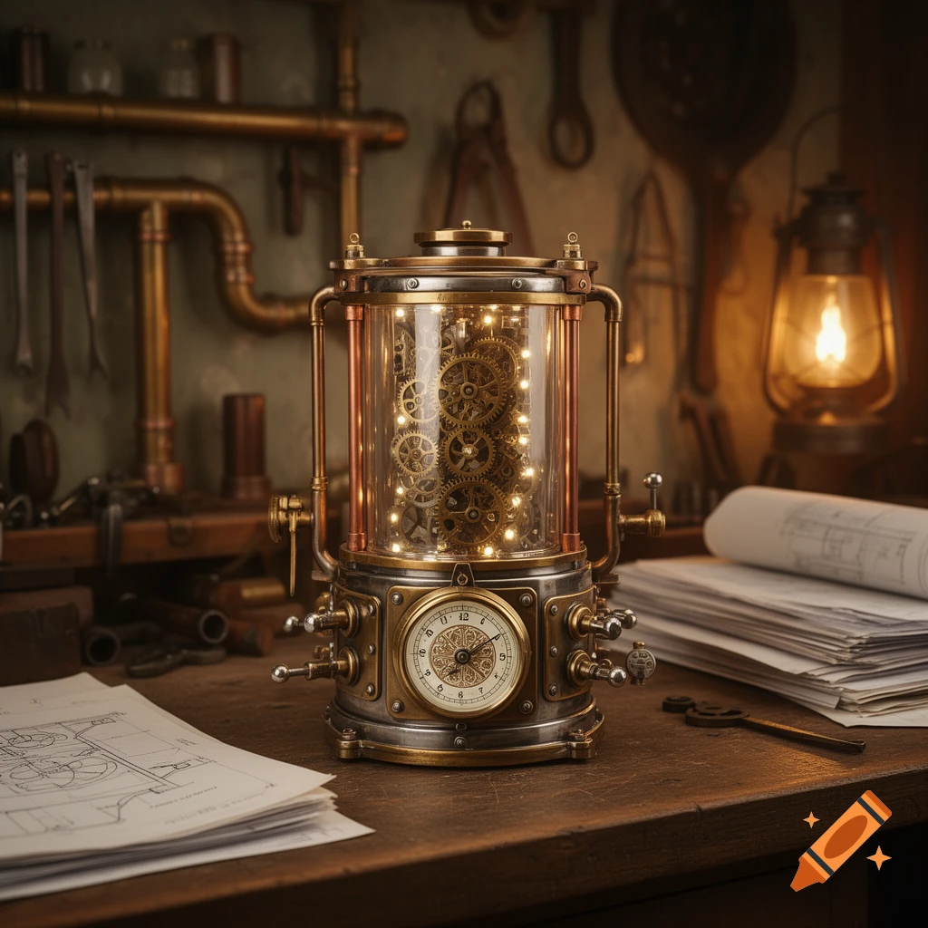 A detailed steampunk device with glowing gears and lights inside a glass cylinder, featuring a clock face, sits on a wooden workbench with blueprints and tools in a dimly lit workshop.