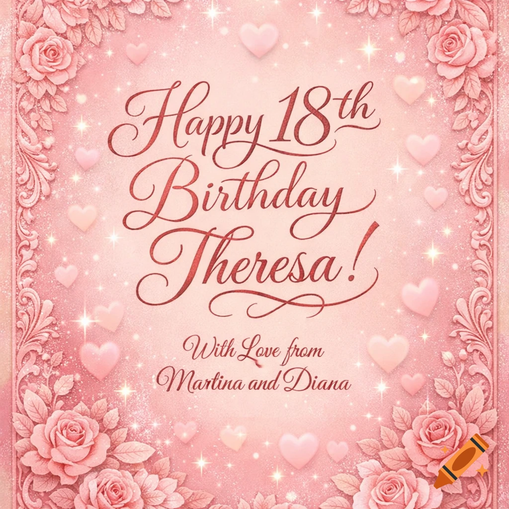 A pink birthday card for Theresa's 18th birthday, adorned with roses, hearts, and glitter, from Martina and Diana.
