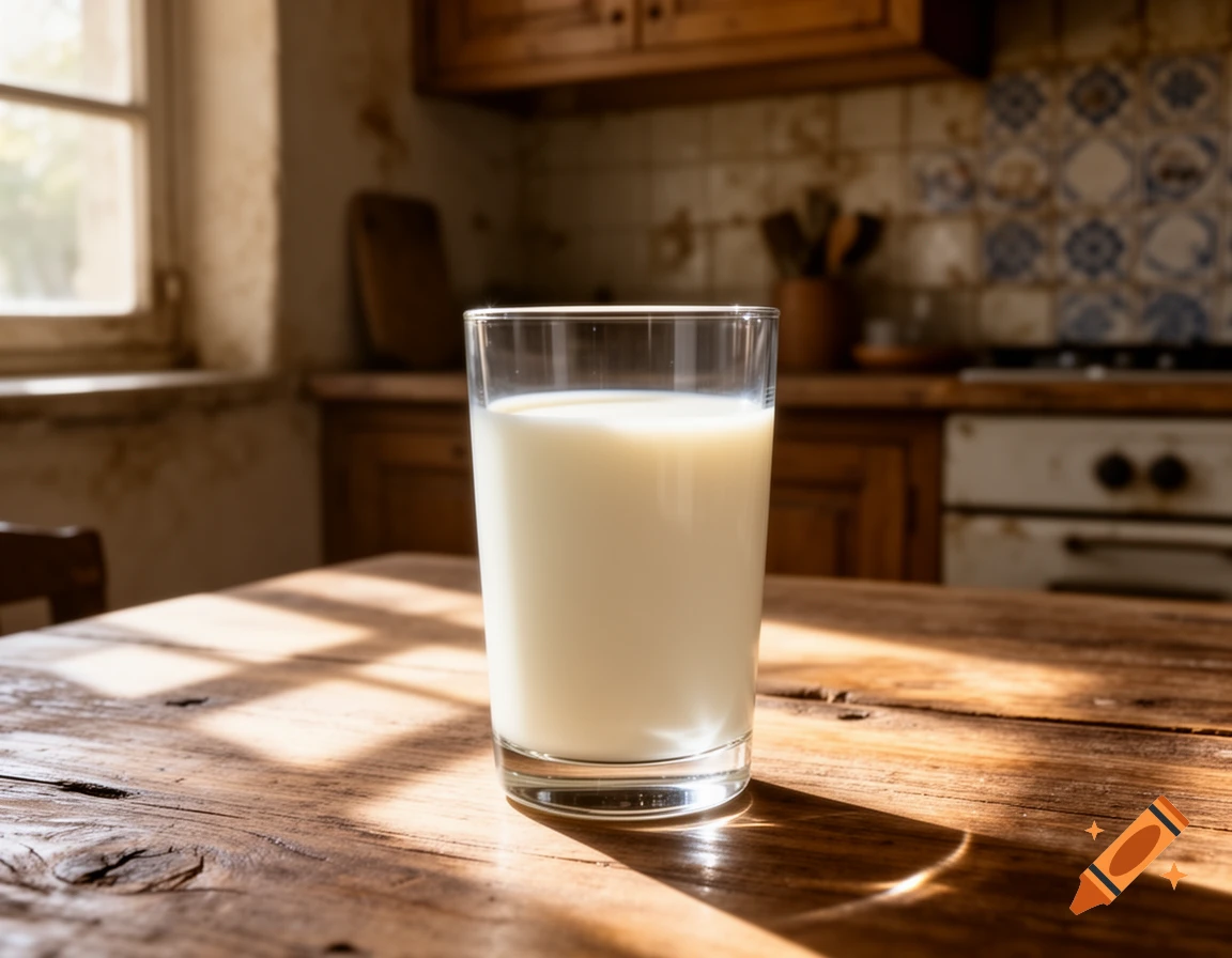 A glass of milk on a rustic wooden table, illuminated by sunlight from a window in a kitchen background. Photorealistic.