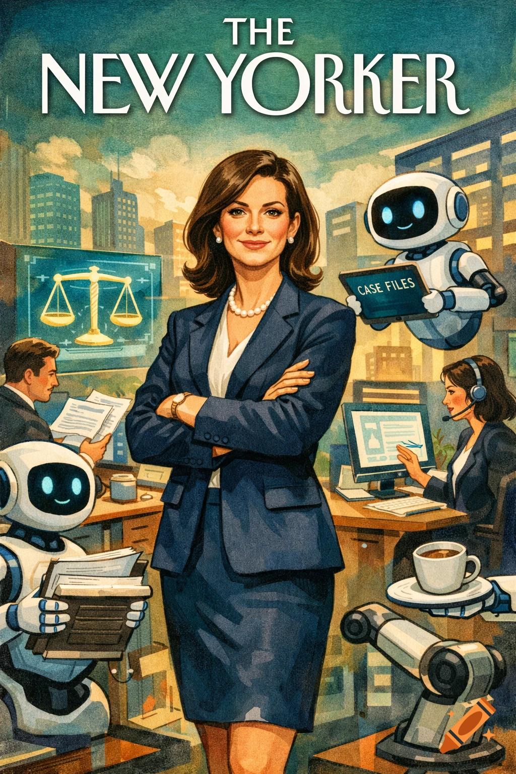 Illustrated cover art for The New Yorker showing a confident businesswoman lawyer in an office surrounded by helpful robots, with 'CASE FILES' visible.