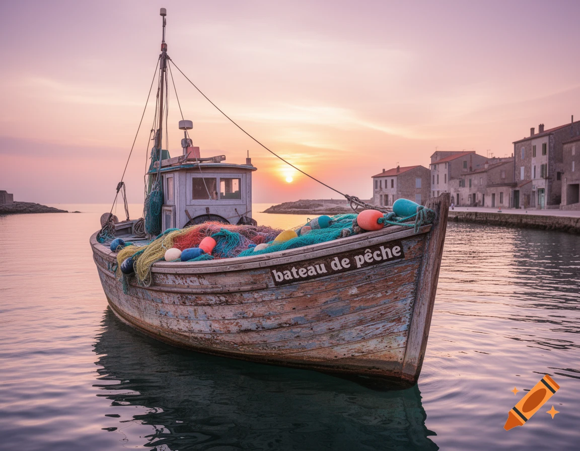 A photorealistic image of a weathered fishing boat with colorful nets, moored in a tranquil harbor at sunset, with coastal buildings in the background.