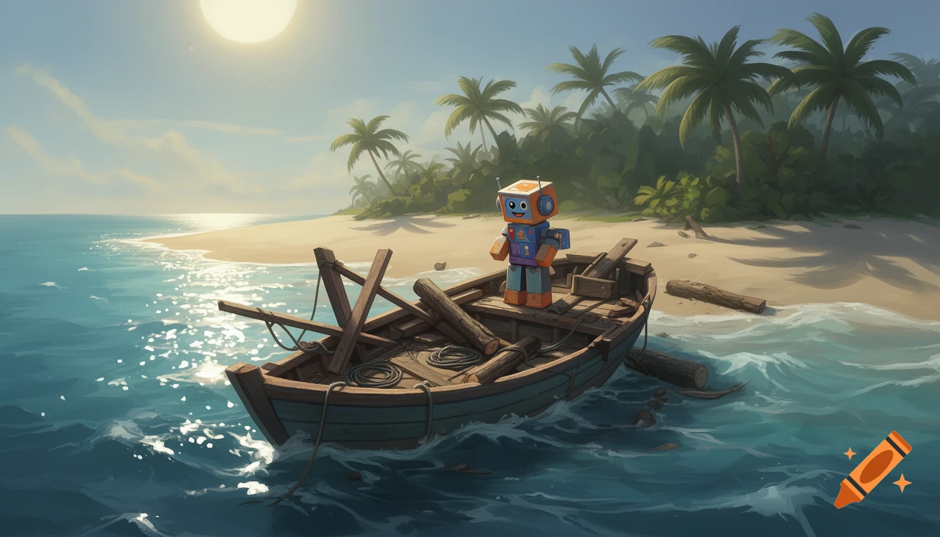 A colorful blocky robot stands in a small wooden boat on the shore of a tropical island, rendered in a digital art style.