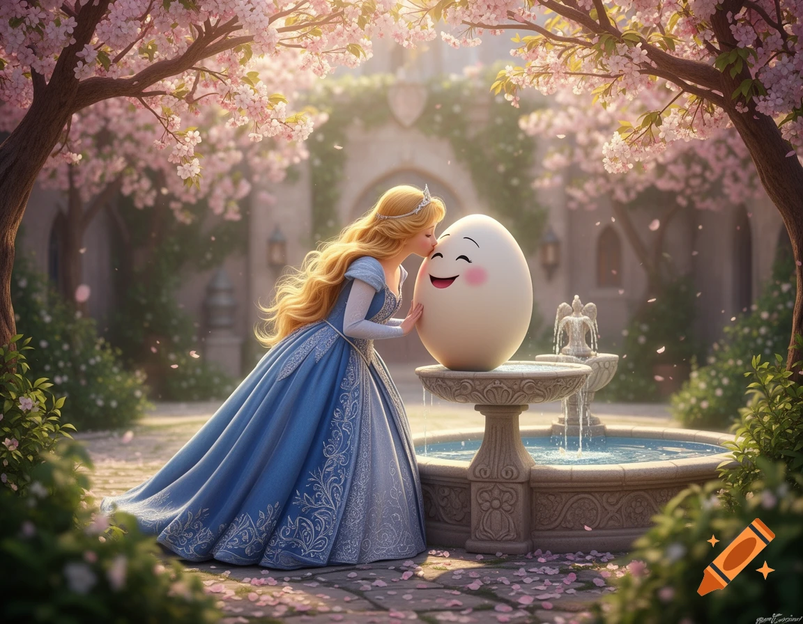 A fairytale princess in a blue gown gently kisses a large, smiling egg in an enchanted garden filled with pink cherry blossoms and a stone fountain.