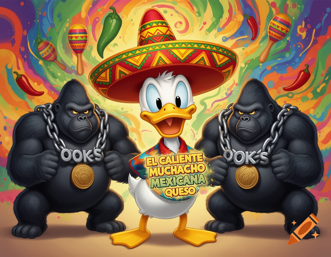 Donald Duck in a sombrero and a colorful shirt with text, flanked by two muscular gorillas wearing 'OOKS' chains, on a vibrant, abstract background with maracas and chili peppers.