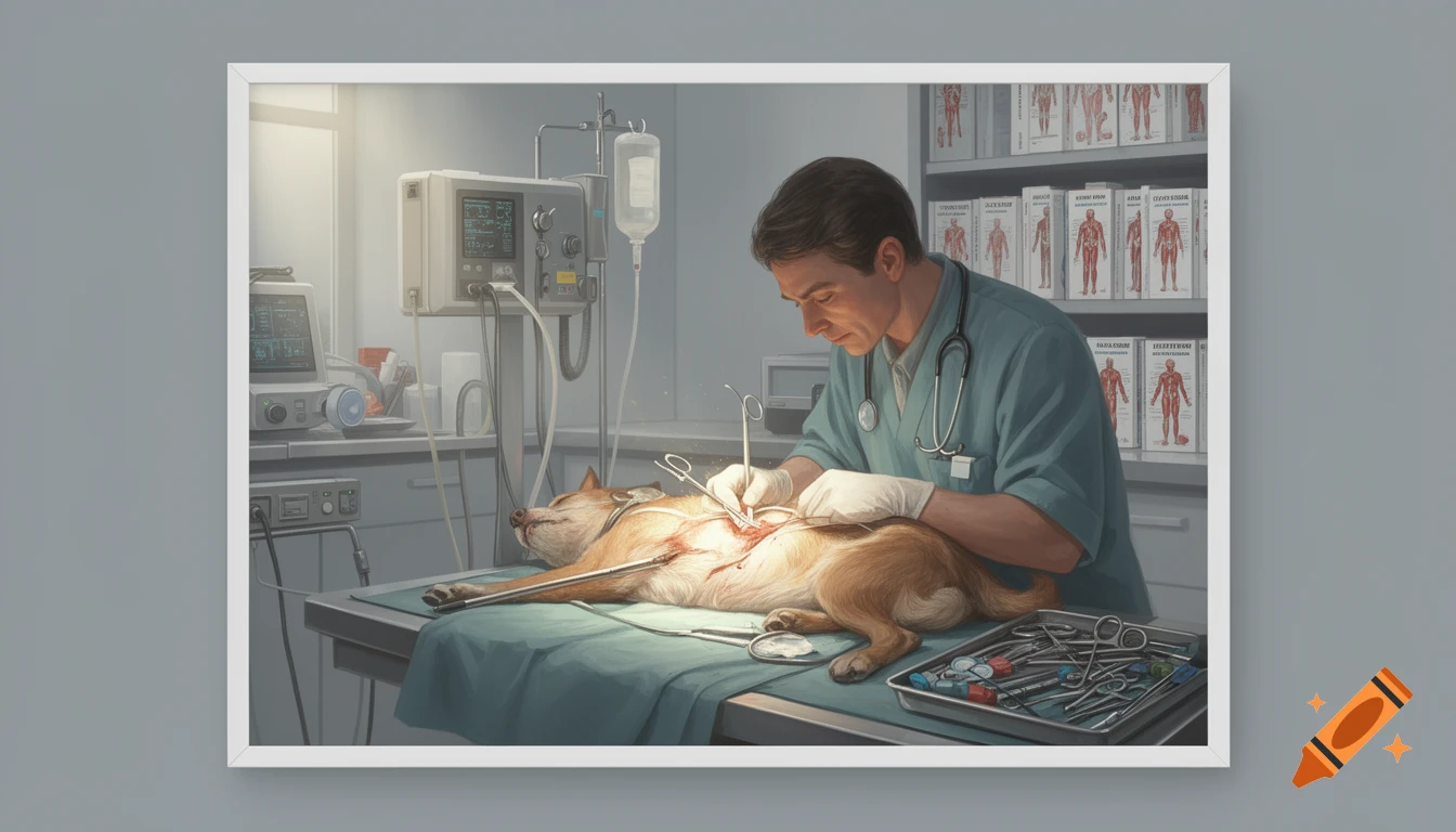 A veterinarian performs surgery on a dog lying on an operating table, surrounded by medical equipment in a detailed, realistic style.