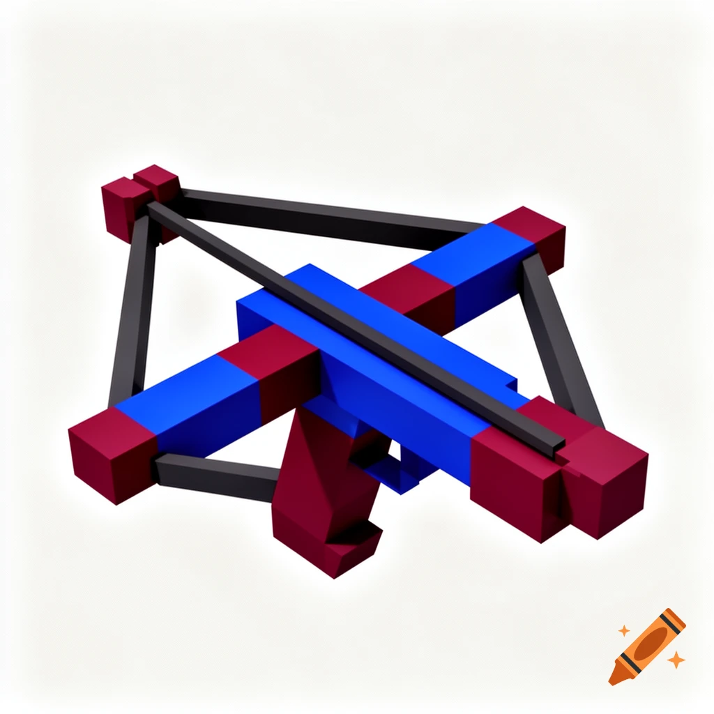 A low poly stylized crossbow made of red, blue, and black blocks on a white background.