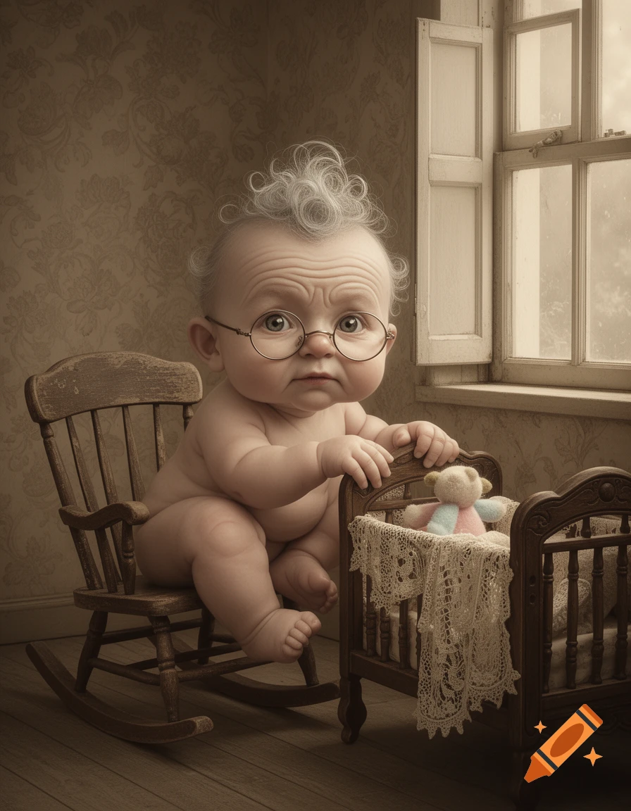A baby with wrinkled skin, white hair, and glasses sits in a rocking chair next to a crib in a vintage room.