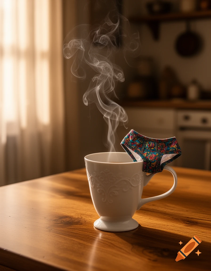 Steaming coffee mug on a wooden table with patterned underwear hanging on the handle, blurred kitchen in background.