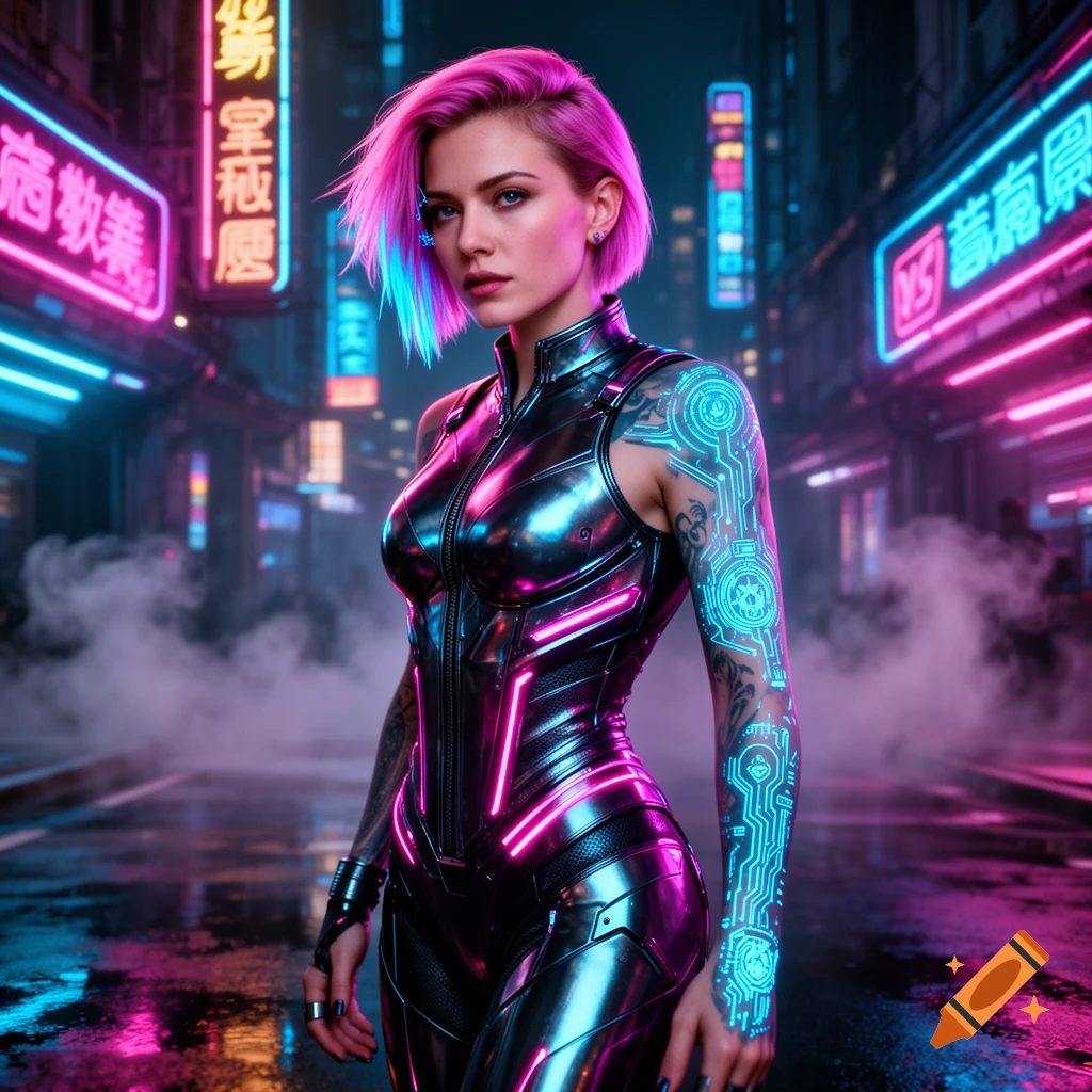 A woman with pink hair and glowing circuit tattoos in a metallic cyberpunk suit stands on a rainy street with neon signs.