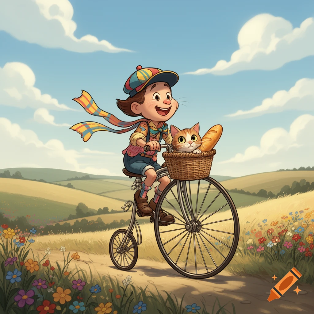 Cartoon boy on an old-fashioned bicycle with a cat and baguette in the basket, cycling through a sunny countryside field.