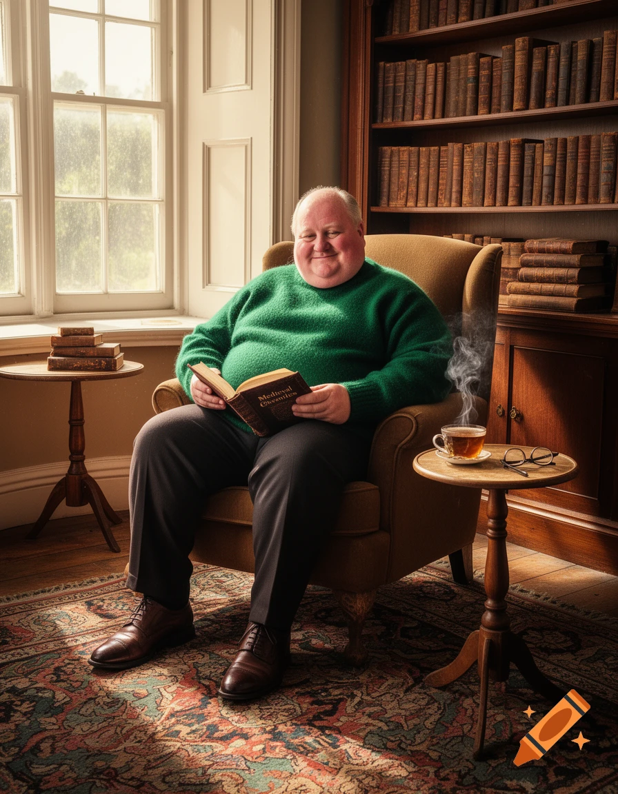 A portly man in a green sweater sits in an armchair by a window, reading a book in a cozy library with bookshelves and a cup of tea.