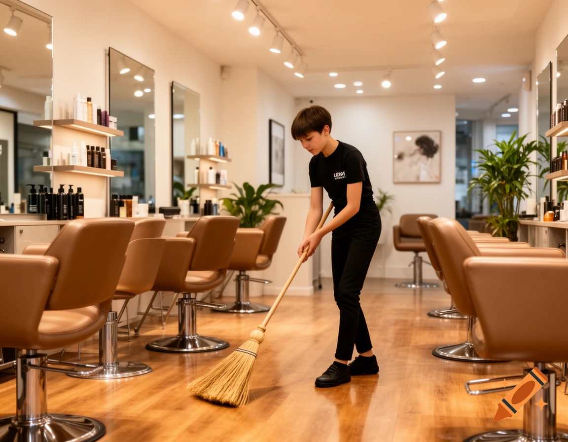 A person with short hair, wearing a black t-shirt and pants, sweeps the wooden floor of a modern hair salon with brown chairs.