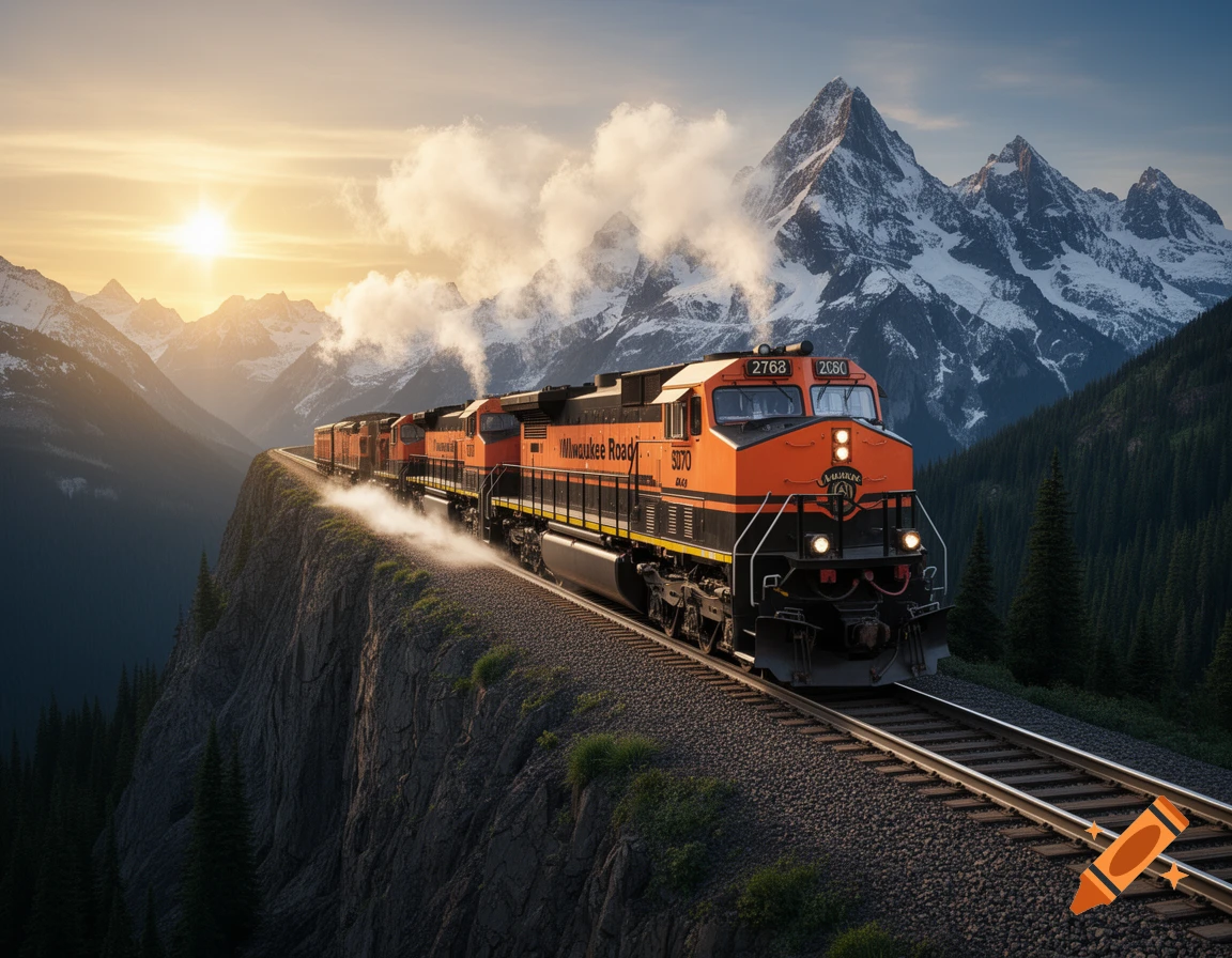 A photorealistic image of an orange and black Milwaukee Road train on a track along a cliff edge, with sunlit, snow-capped mountains in the background.