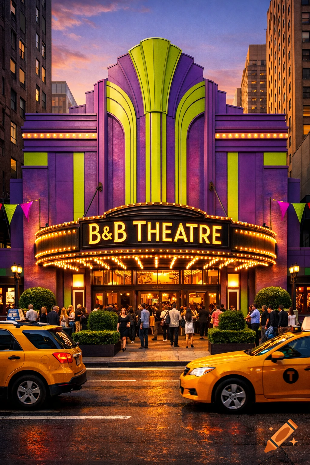 Photorealistic image of a vibrant purple and chartreuse B&B Theatre at dusk, with people entering and yellow taxis on a wet city street.