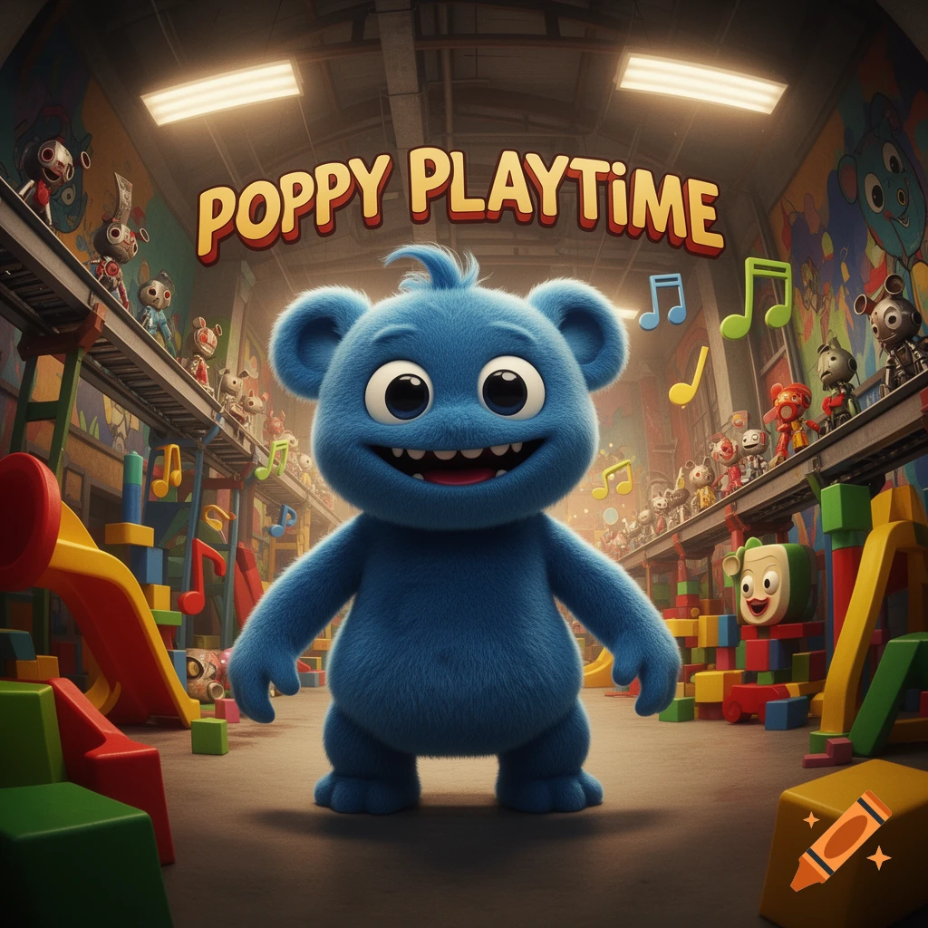 A fluffy blue monster with big eyes and a wide smile stands in a toy factory, with 'POPPY PLAYTIME' text above.