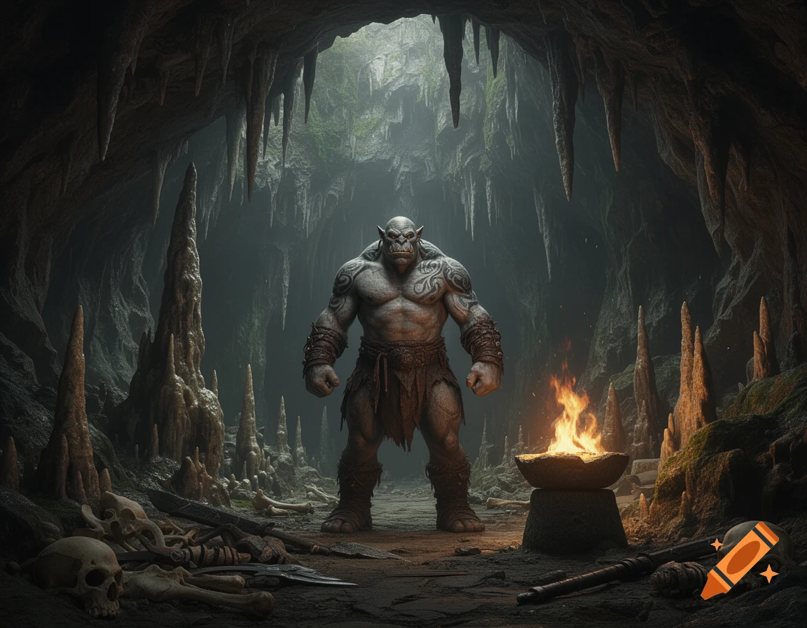 A muscular orc with tattoos stands in a dark, stalagmite-filled cave next to a fire and scattered bones.