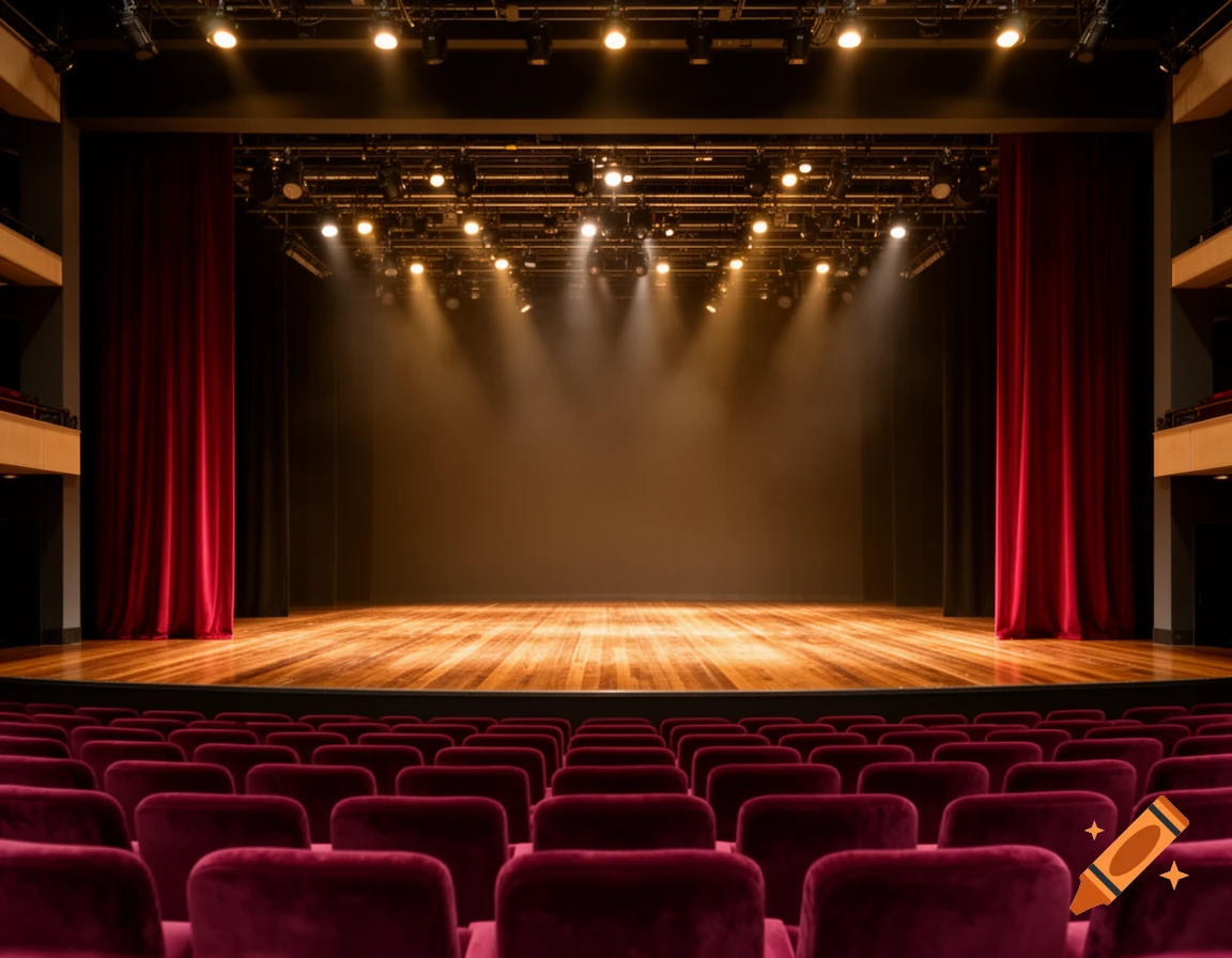 An empty theater stage with bright spotlights, red curtains, and rows of red velvet seats in the foreground.