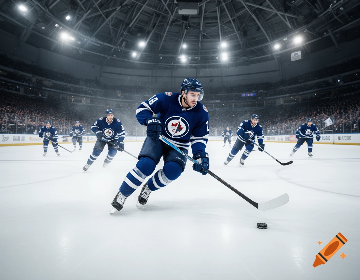 A photorealistic image of a hockey player in a blue Winnipeg Jets uniform with the puck on an ice rink, with teammates and spectators in the background.