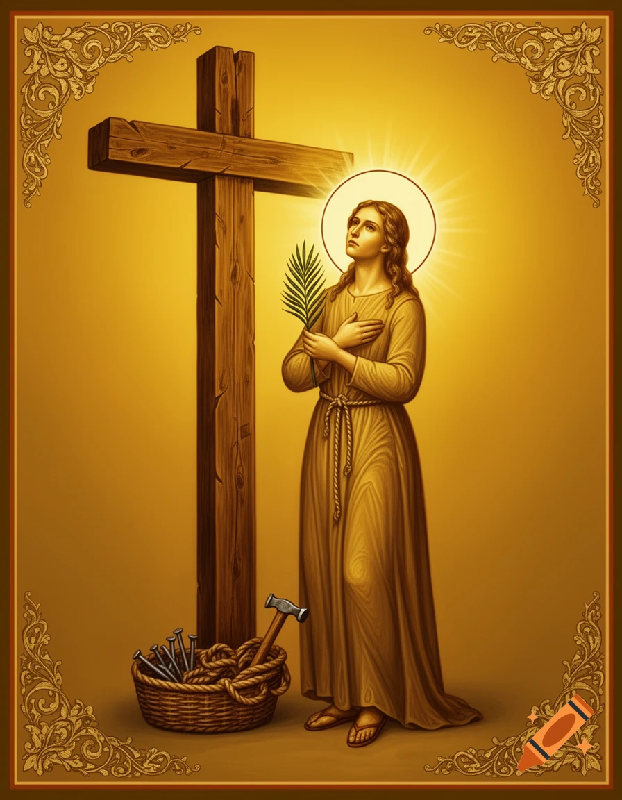 Saint Julia, haloed, looks up at a wooden cross, holding a palm. Basket of tools at base. Golden orthodox icon style.