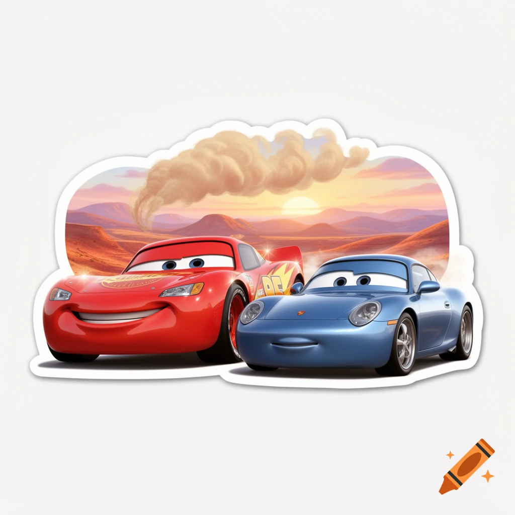 A sticker of Lightning McQueen and Sally from Disney's Cars driving in a desert at sunset.