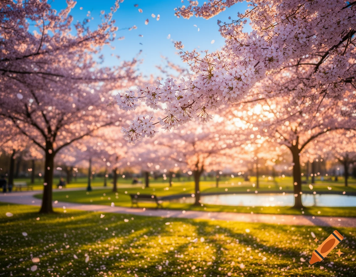 Photorealistic park with cherry blossom trees in full bloom, petals falling, and golden sunlight.