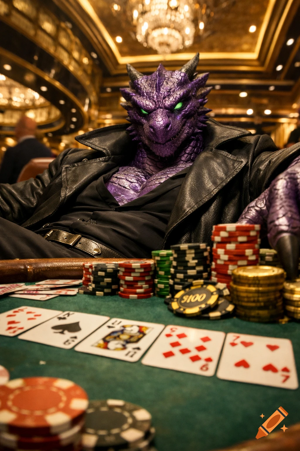 A purple dragon-born in a black trench coat sits at a poker table in a luxurious casino, surrounded by chips and cards.