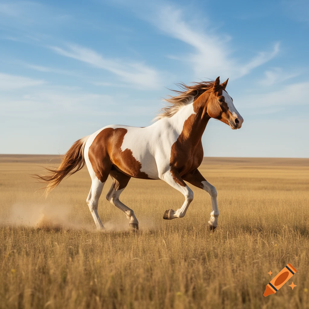 A beautiful brown and white pinto horse with a flowing mane gallops across a golden field under a clear blue sky.