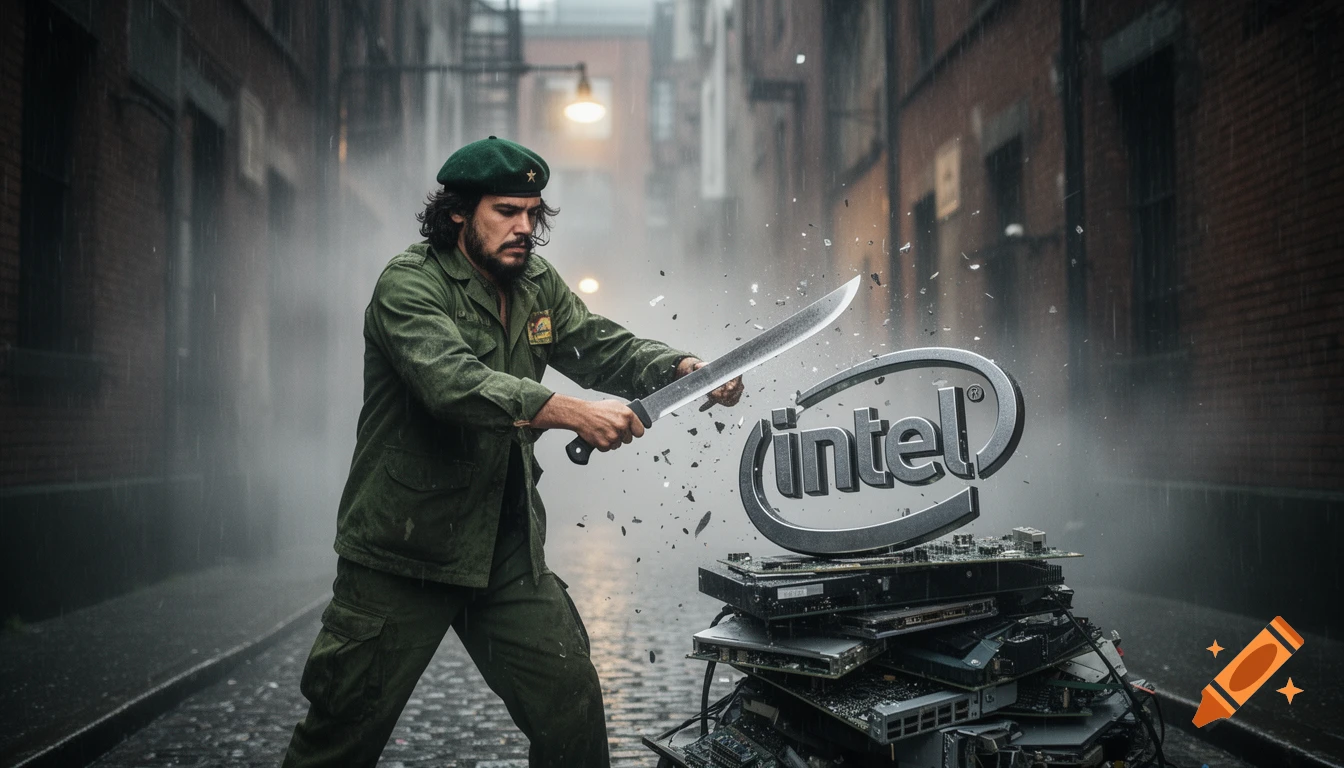 A man resembling Che Guevara chops a large Intel logo with a machete in a dramatic, rainy alley filled with computer parts.