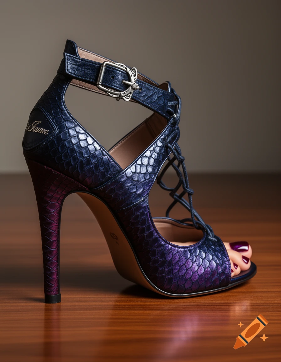 A dark blue and purple iridescent embossed leather high-heeled sandal with lacing, a silver buckle, and a peep-toe showing a foot with dark red polished toenails, on a polished wooden surface.