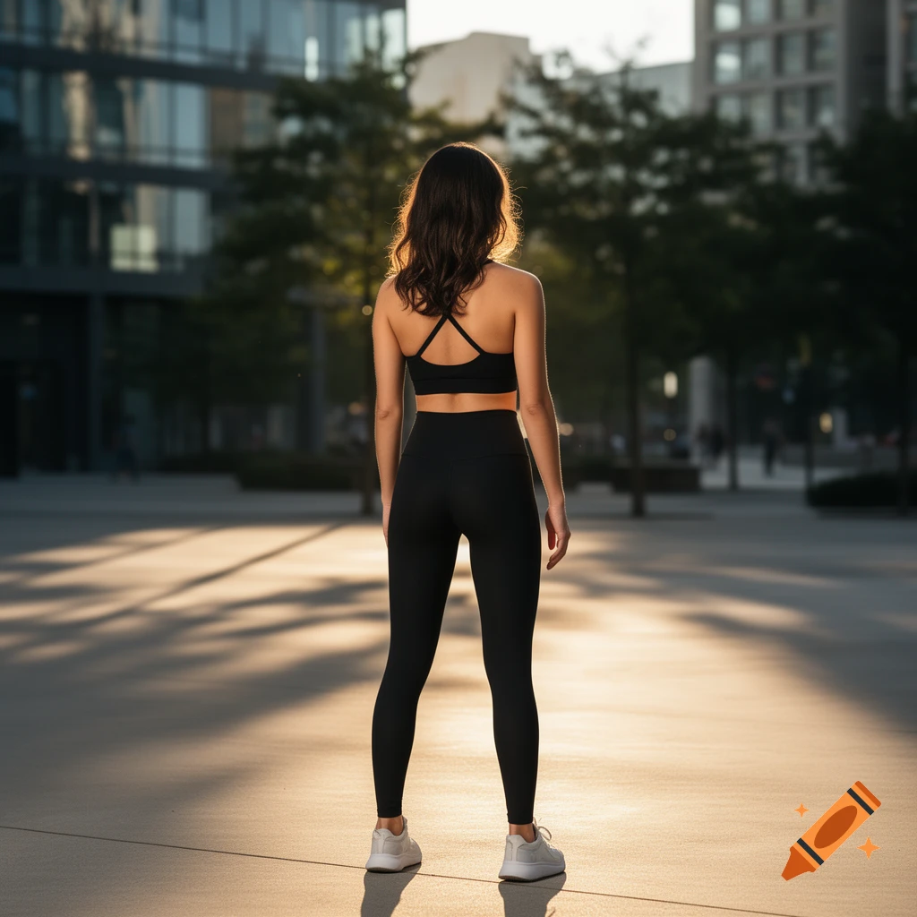 A woman in black athletic wear stands with her back to the viewer in an ...