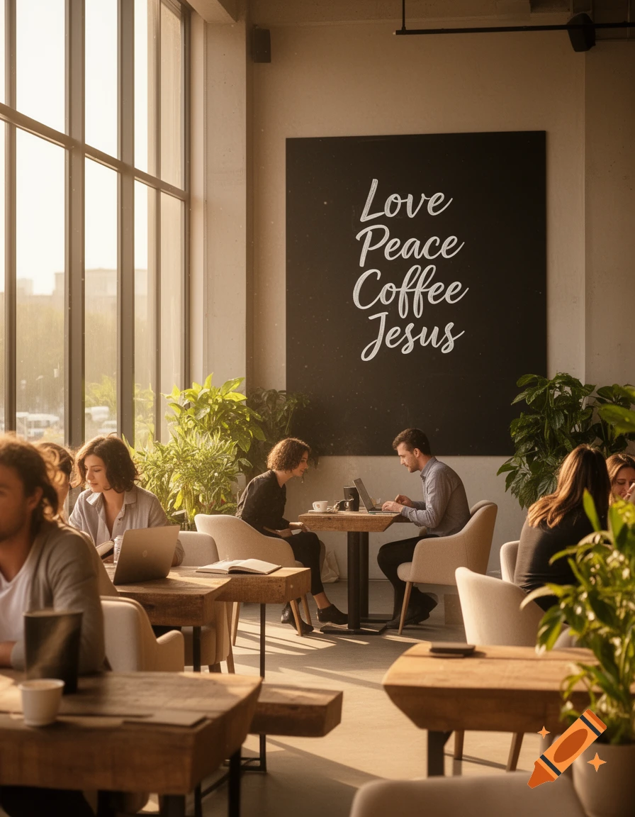 A sunlit coffee shop with people sitting at wooden tables, some working on laptops, and a large blackboard sign saying "Love Peace Coffee Jesus".