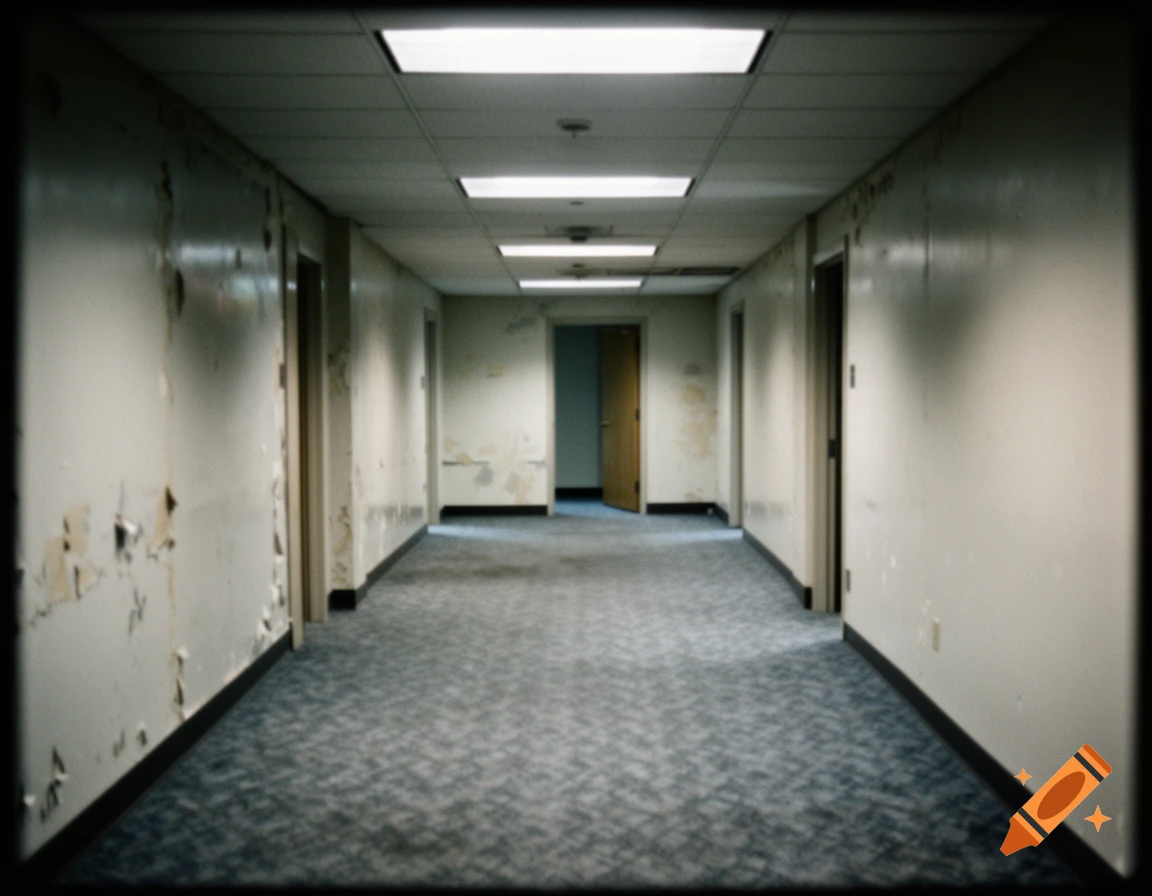 An empty, eerie, decaying hallway with peeling paint, fluorescent lights, and blue carpet, taken with a 2000s camera aesthetic.