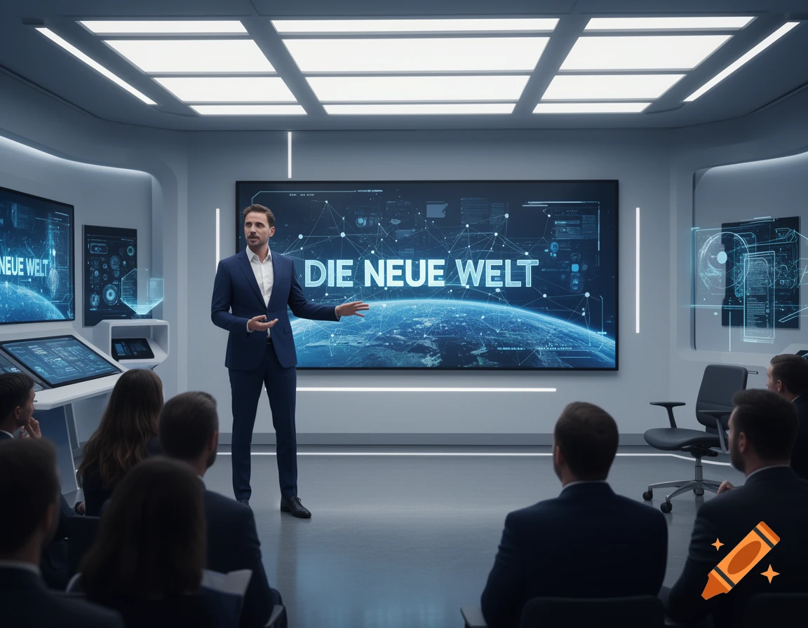 A man in a suit presents in a futuristic conference room with large screens displaying 'DIE NEUE WELT' and a glowing world map to an audience.