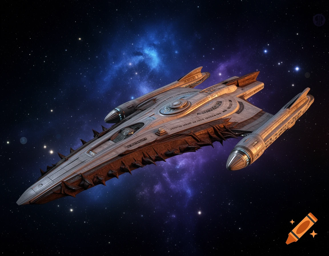 A detailed, photorealistic spaceship, a hybrid of Starfleet and Klingon designs, flies through a starry space with blue and purple nebulae.
