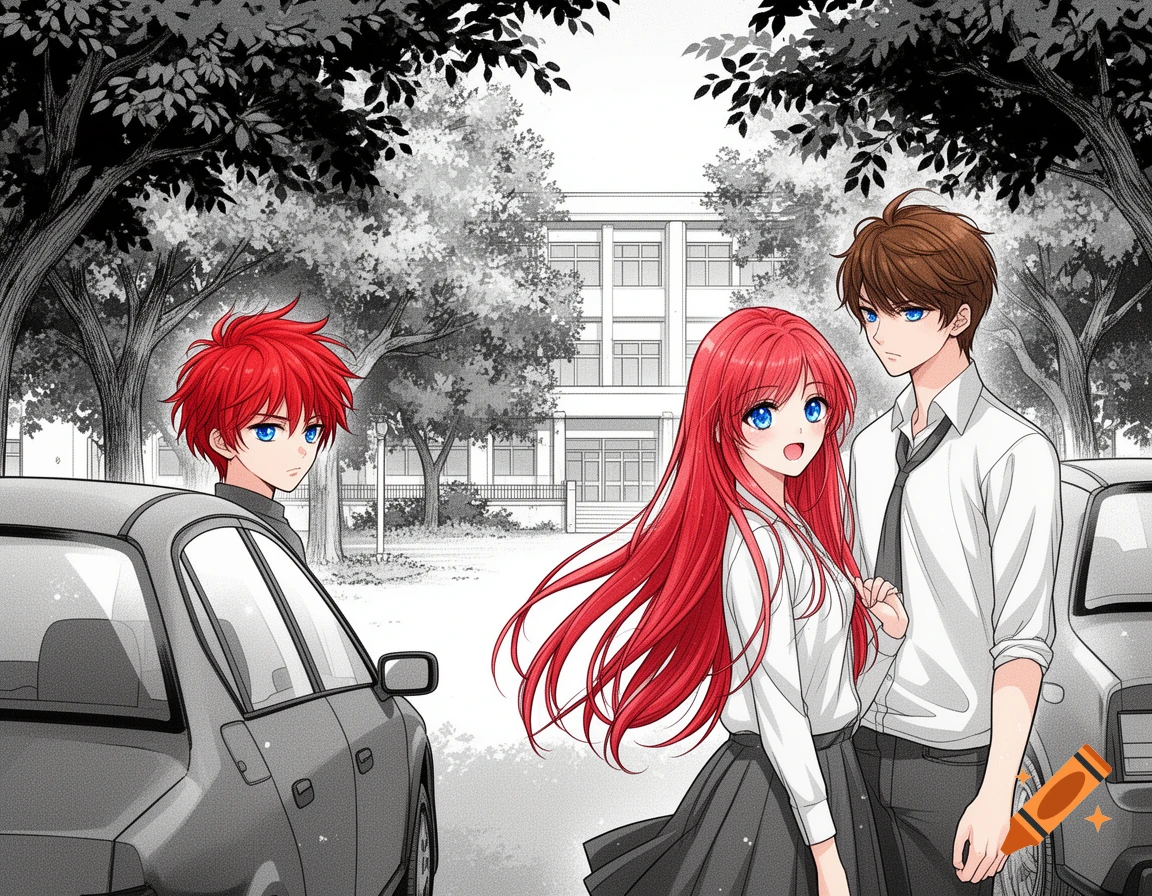 Anime scene with a red-haired girl and brown-haired boy talking in a grayscale schoolyard; a red-haired boy watches from behind a car.