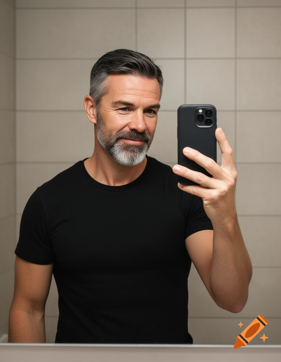 A photorealistic mirror selfie of a man with dark hair and a gray beard in a black t-shirt, holding a black smartphone.