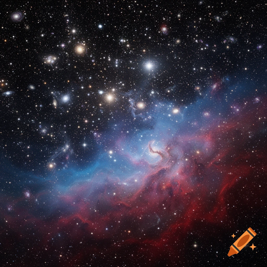 A vibrant nebula glows with blue and red gases, surrounded by countless bright stars against the dark backdrop of space.